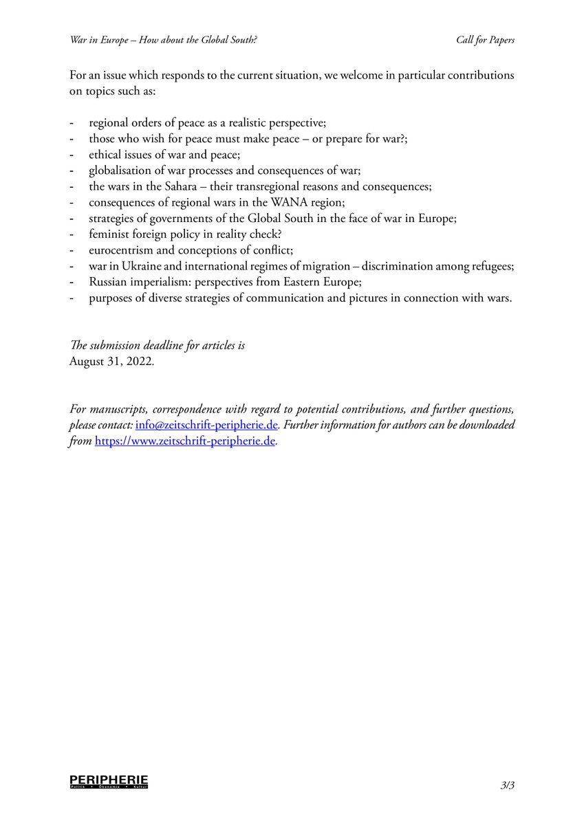 danyellow20's tweet photo. CfP on perspectives from the global South on the war in Europe. Eurocentrism in the perception of wars. Globalisation of war. Eastern European perspectives on Russian imperialism. Refugees &amp; racism. Militarisation &amp; feminist politics @DrJennaMarshall @RobbieShilliam @dirkmoses https://t.co/sevrwddTyp