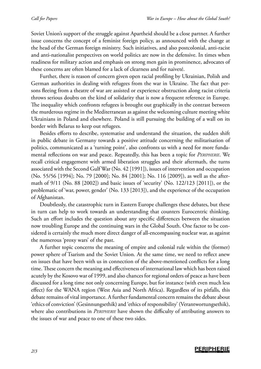 danyellow20's tweet photo. CfP on perspectives from the global South on the war in Europe. Eurocentrism in the perception of wars. Globalisation of war. Eastern European perspectives on Russian imperialism. Refugees &amp; racism. Militarisation &amp; feminist politics @DrJennaMarshall @RobbieShilliam @dirkmoses https://t.co/sevrwddTyp