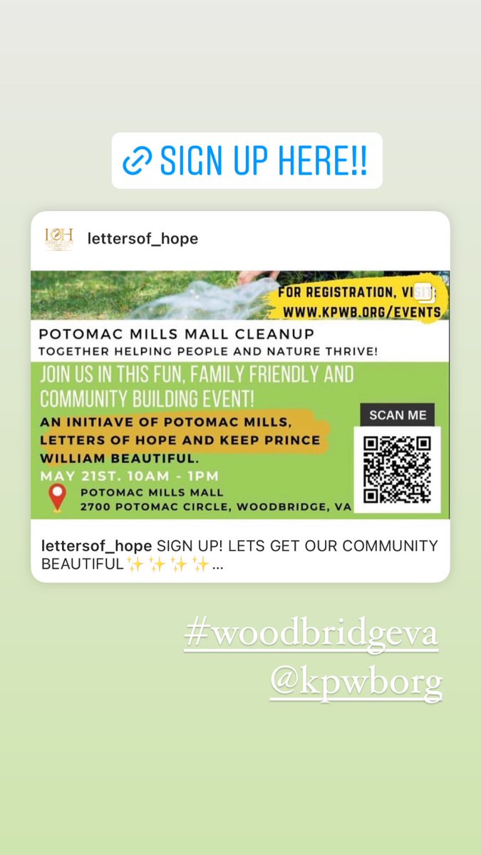 LettersofHOPE24's tweet photo. Community Clean Up!!!! We’ve
partnered with Public Works, Soil and Water Conservation District, and the Potomac Mills Mall will be conducting a cleanup on May 21st by Potomac Mills Mall.

#pwc #potomacmills #woodbridgeva https://t.co/ofS0n6JI0A