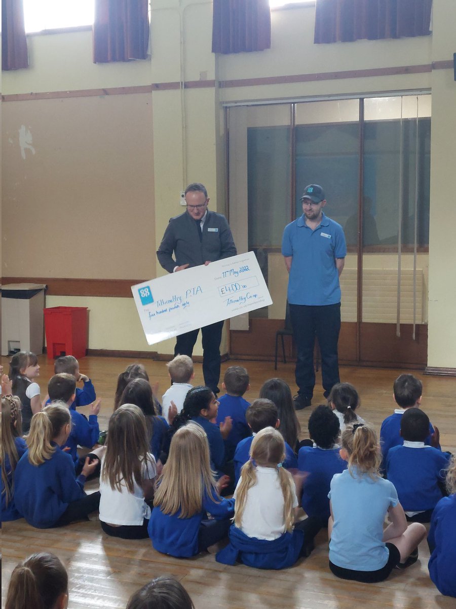tillyps's tweet photo. At assembly today the school were presented with a cheque from Tilly Co-op after some of the staff completing a sponsored hill climb. A huge big thank you from all of us 😃 #community #fundraising #bigcheque https://t.co/s88dB2XvQR