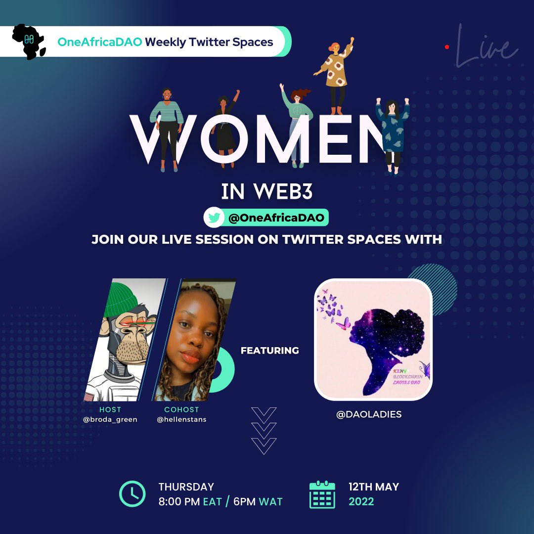 Join us tomorrow at 8pm EAT/6PM WAT for our weekly twitter spaces hosted by <a href="/hellenstans/">hellenstans.eth</a> and <a href="/broda_green/">Green</a> 

With our special guest <a href="/kagondu_yvonne/">Yvonne Kagondu → WCHL ∞</a> &amp;    <a href="/faizahnaserian/">Faizah Naserian⚡🐦‍🔥</a> from <a href="/DaoLadies/">Kenya Blockchain Ladies DAO</a>