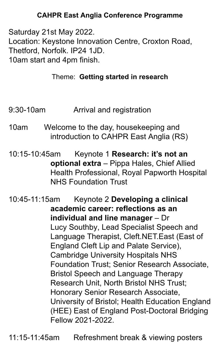 CAHPRangliaeast's tweet photo. The programme for our AHP research conference has been finalised 👇
Theme:getting started with research
Sat 21 May
Hybrid event - in person or online
Lunch & refreshments provided in person
Email h.hadwen@uos.ac.uk to register. £10 online, £20 in person, half price 4 student https://t.co/xBaNrlbM4v