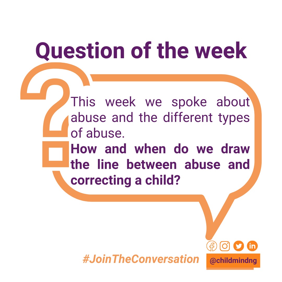 Childmindng's tweet photo. This week we spoke about abuse and the different types of abuse.
How and when do we draw the line between abuse and correcting a child.
#JoinTheConversation
#childprotectioninnigeria #childprotectionservices #floggingchildren #physicalabuse #beatingchildren #abuseisabuse https://t.co/BwF6HYsMep