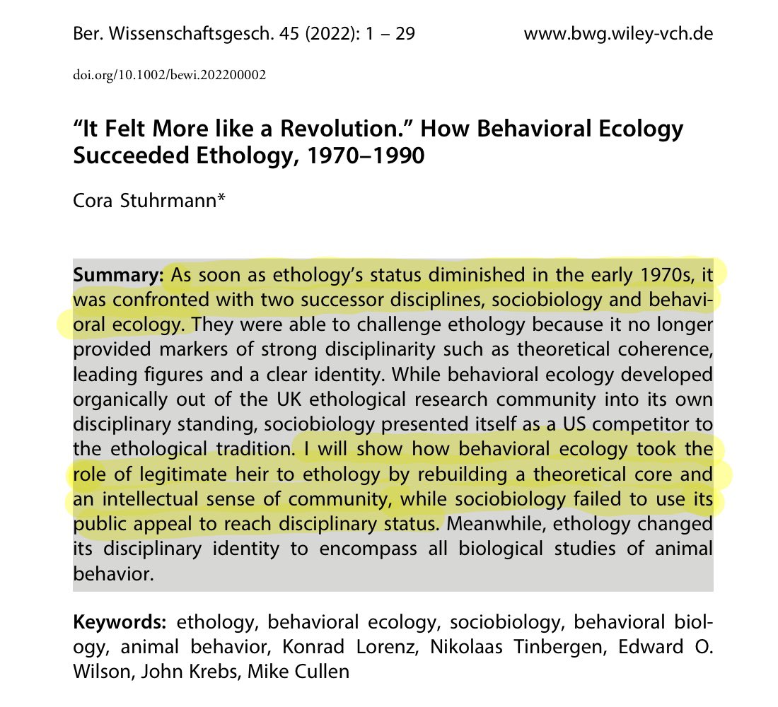 Really interesting paper by the historian Cora Stuhrmann on why behavioural ecology, rather than sociobiology, is the legitimate heir to ethology.
onlinelibrary.wiley.com/doi/full/10.10…