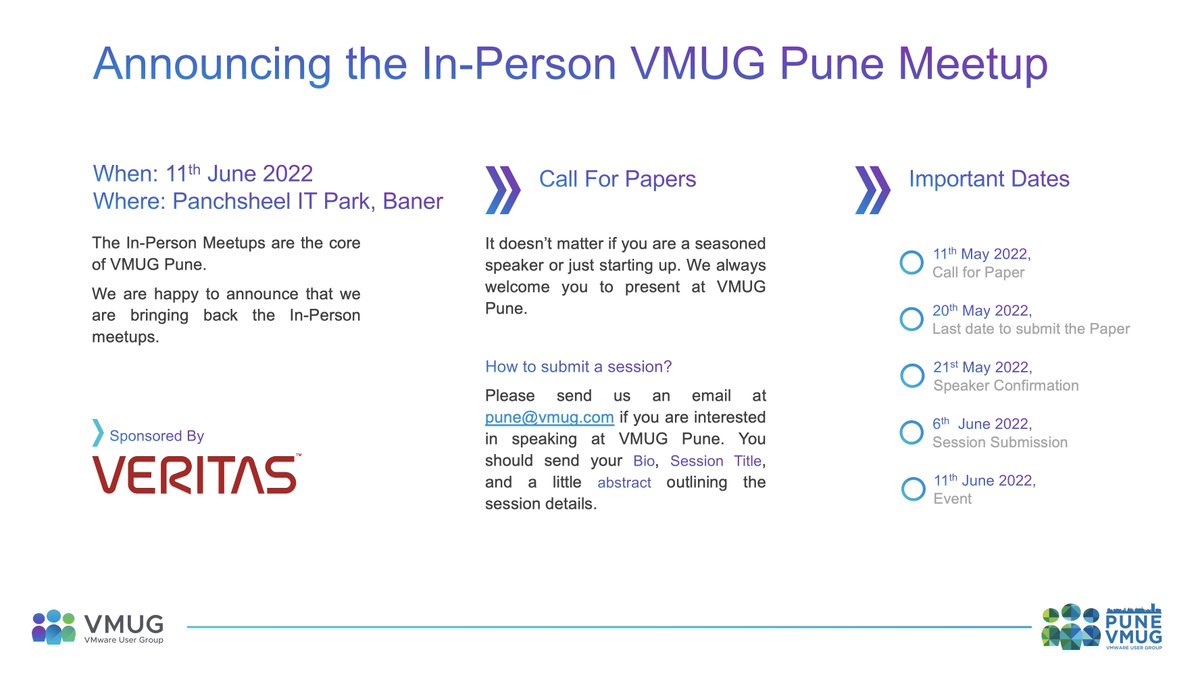 We are happy to announce our first ever In-Person Meetup post-COVID. Shout out to our sponsor <a href="/VeritasTechLLC/">Veritas Technologies</a> 

We are back! 
<a href="/MyVMUG/">VMware User Group</a>