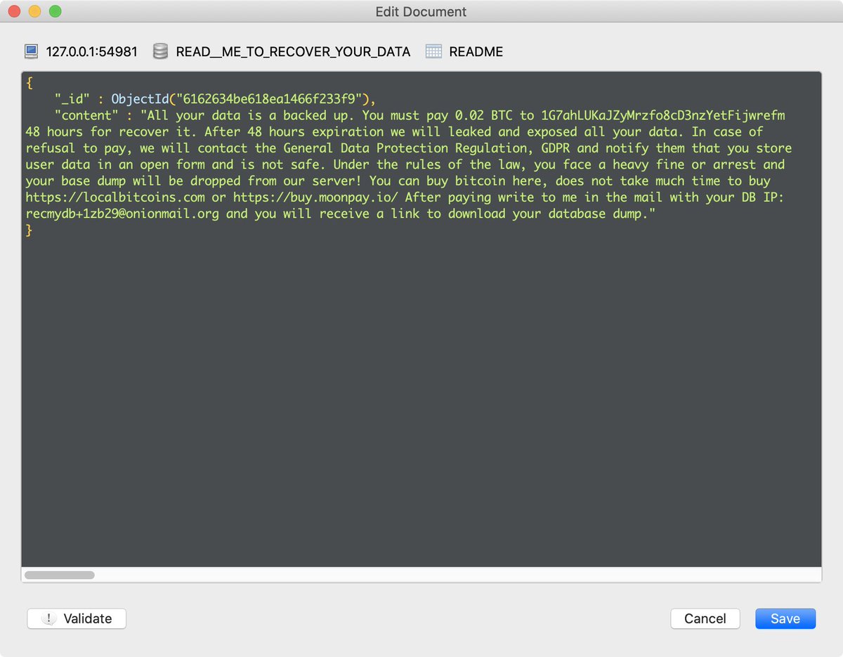 Don't leave your <a href="/MongoDB/">MongoDB</a> database exposed and without a proper password...I guess. 🤷
Having backups is also pretty cool... 
#Bitcoin #Hacked
