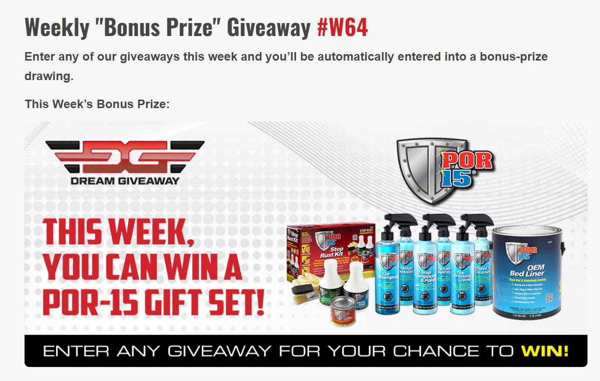 DreamGiveaway's tweet photo. This week's bonus prize is a POR-15 Stop Rust Gift Set that is valued at more than $275. Visit https://t.co/9YcRr0pWjC to see more.
Enter any of the giveaways between now and 05/15/2022 and get auto entered to win the weekly bonus prize!
#DreamGiveawaybonusprize #POR15 https://t.co/StH9SLDkeL