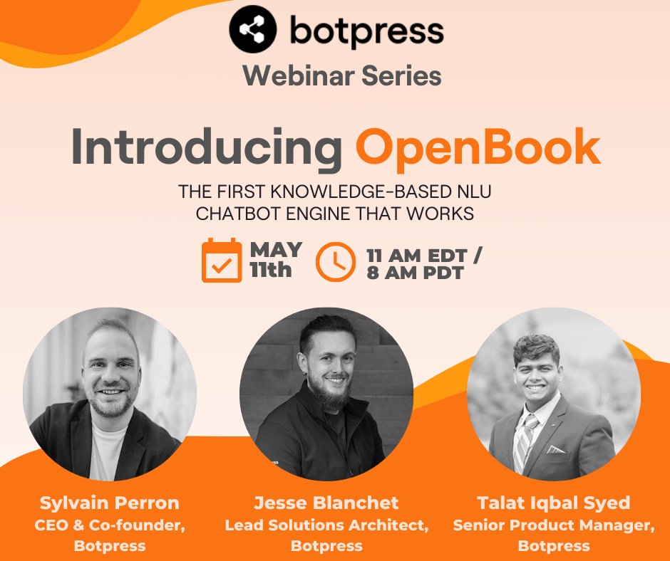 getbotpress's tweet photo. Don’t miss our OpenBook webinar today at 11 am EDT / 8 am PDT where we’ll answer all your burning questions about our new knowledge-based NLU engine. 

Save your spot here 👉 https://t.co/sRXSbtwyny https://t.co/sL6Aqkp7YX