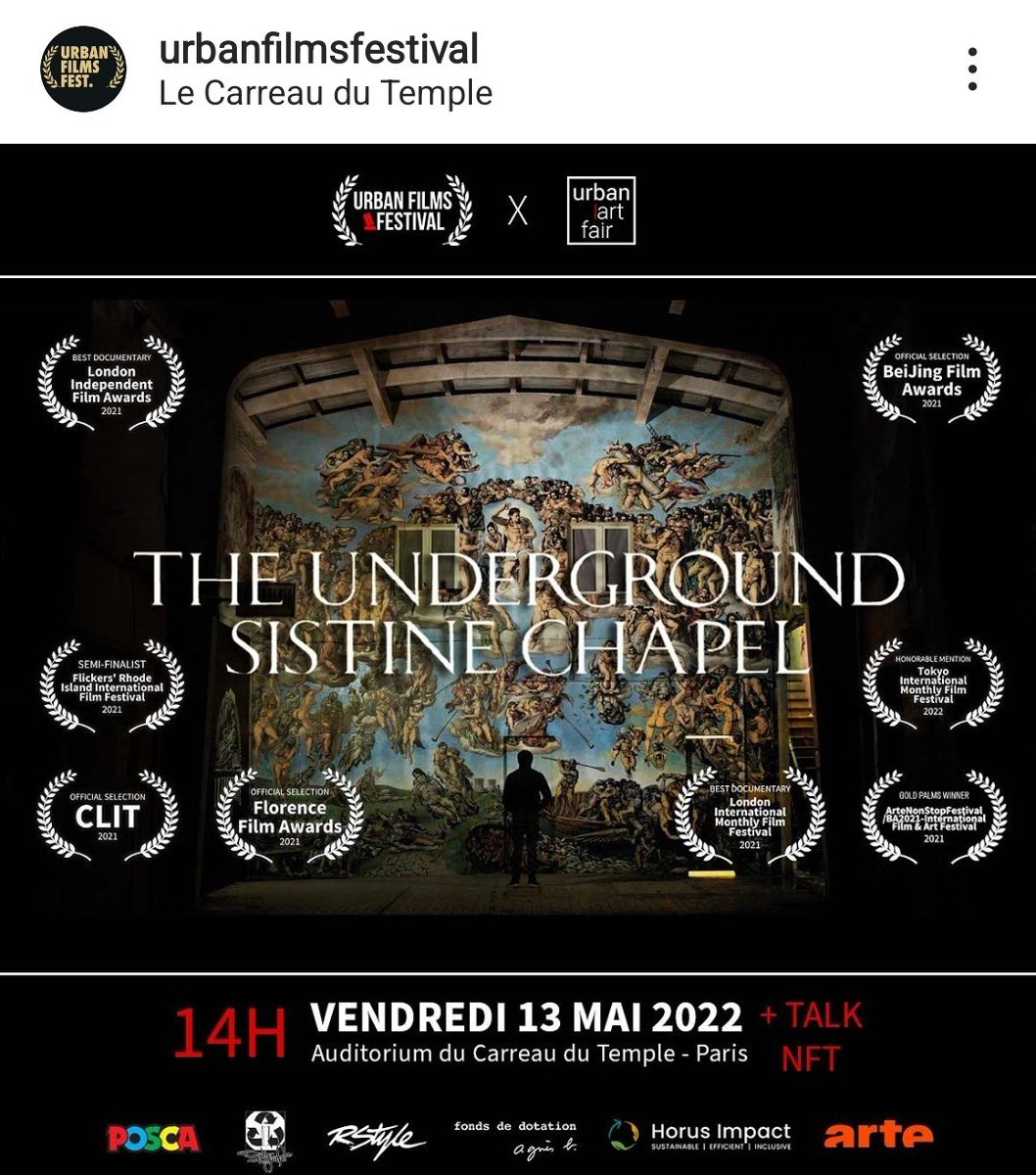 pascalboyart's tweet photo. 🇨🇵 Pour ceux qui sont sur Paris; vous pouvez voir (ou revoir) le film The #UndergroundSistineChapel sur grand écran ce vendredi à 14h au @CarreauDuTemple pendant l'@urbanartfair @UFFPARIS 🎬👌🏼 suivi d'un débat sur les #NFT (Entrée gratuite) @samouraicoop @zo_oma_ @YGrignou https://t.co/c7aouBNWwe