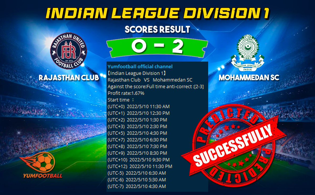 YUMfootball's tweet photo. #11MayPrediction #WIN
#RajasthanClub vs #MohammedanSC
             0              -             2
94% Chance to win every football game you bet!!!
Let's make profit 5-10% minimum profit daily!!!

Facebook&amp; Twitter : YUMfootball 
Instagram : https://t.co/b7Wj7xMWxI

#YUMfootball https://t.co/Z4FSkAztKj