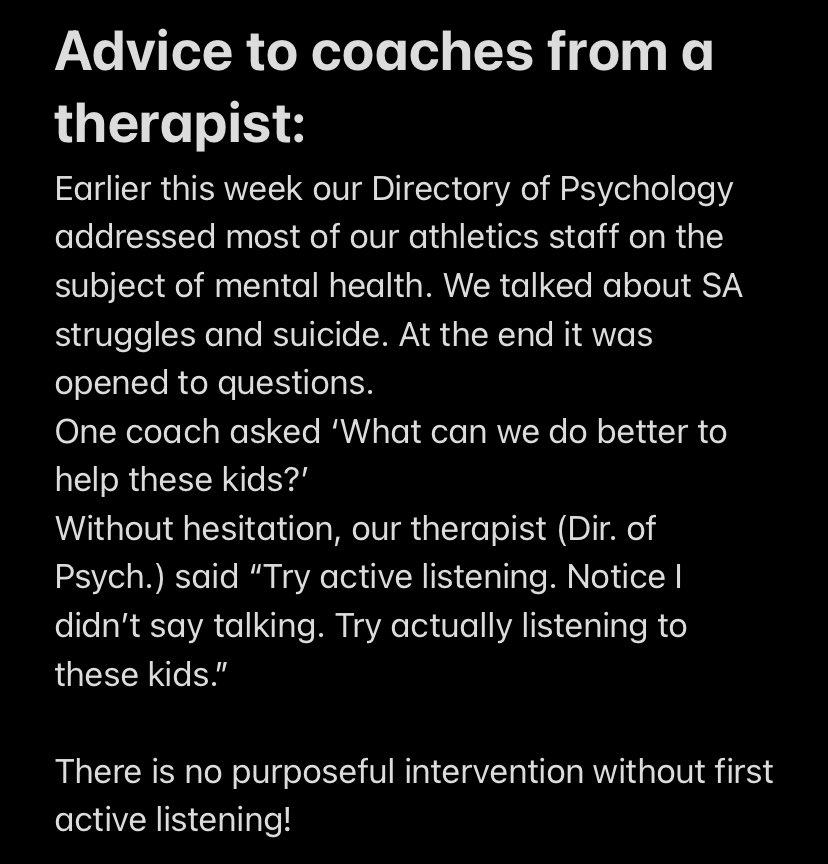 TurnBomb15's tweet photo. I’m an AT in the college setting, we’re fortunate to have a therapist/counselor in athletics. Here’s what ours had to say on mental health/ suicide and athletes working with coaches. I love this! https://t.co/0bWblccfHi