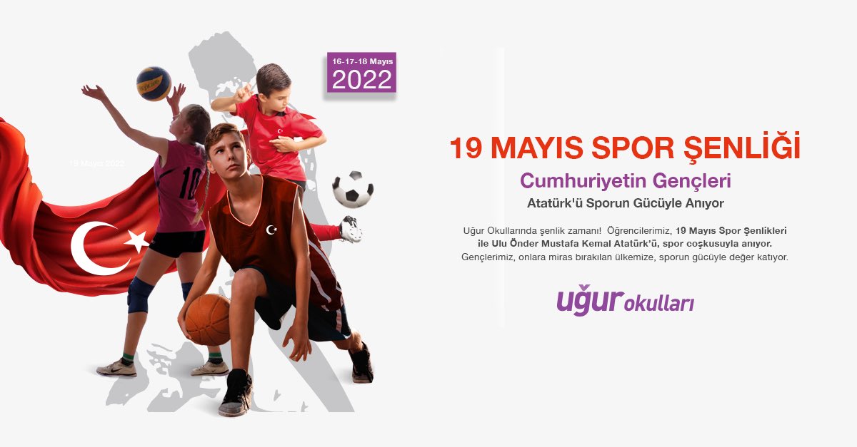 <a href="/UgurOkullari/">Uğur Okulları</a> şenlik zamanı. 19 Mayıs Atatürk’ü Anma Gençlik ve Spor Bayramı etkinlikleri kapsamında düzenlediğimiz spor şenliğimizde öğrencilerimiz hem spor yapacaklar hem de Ulu Önderimiz Mustafa Kemal Atatürk’ü anacaklar. #UğurdaAktifYaşam