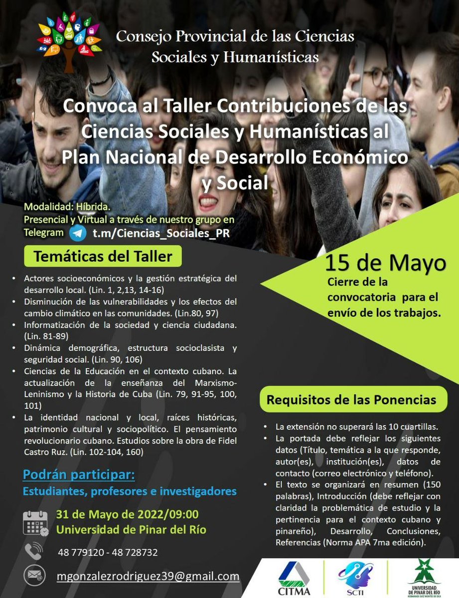 AccPinar's tweet photo. El Consejo Provincial de las Ciencias Sociales y Humanísticas las/los invita a participar #CubaesCiencia #PinardelRío https://t.co/h8rZtbTZOF