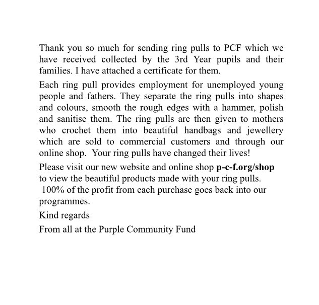 Our S3 pupils received a lovely thank you from <a href="/PCF_UK/">PurpleCommunityFund</a> today. We’re so proud of the contributions they have made to this charity. <a href="/theparkmains/">Park Mains High</a>