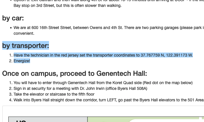 Amusing website directions to John Irwin's <a href="/chem4biology/">John Irwin Chemistry</a> lab in Mission Bay