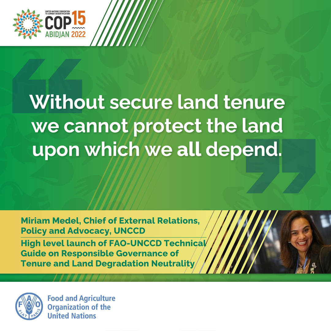 FAOLandWater's tweet photo. "We must now use the guide and share its good practices with each other, because without secure land tenure we cannot protect the land upon which we all depend" @MiriamMedel Chief of External Relations, Policy and Advocacy, @UNCCD @ FAO-UNCCD Technical Guide Launch #UNCCDCOP15 https://t.co/OCJ8ES5m7D