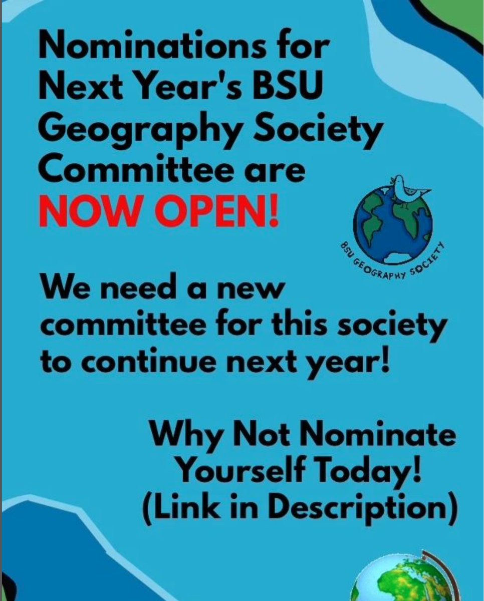 BSUGeographySoc's tweet photo. Have you enjoyed #BSUGEOGSOC this year? Would you want to see similar events continue next year?

Perhaps you haven't enjoyed Geog Soc this year, and think you could run it differently?

As of today nominations are open for the 2022-23 committee for the BSU Geography society! https://t.co/UhpDvp2tm1