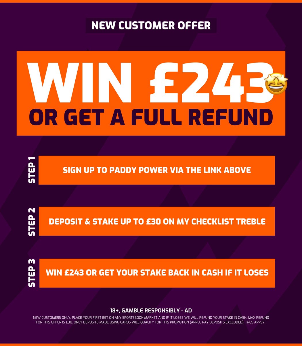 AndyRobsonTips's tweet photo. 🏴󠁧󠁢󠁥󠁮󠁧󠁿 7/1 EPL Checklist Treble

Load bet: https://t.co/XMy3SP9FPO

↘️ Create a Paddy Power account and get a full cash refund if this bet loses

Claim here: https://t.co/uz4hLlX9mc

✔️ Use the offer above and you either win £243, or get a cash refund.

18+ Ad, Gamble Responsibly https://t.co/GSix1sjseh