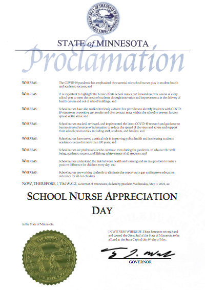 StdntWllnssSPPS's tweet photo. Governor Walz has proclaimed Wednesday, May 11, 2022 as School Nurse Day. Our LSNs and HAs strive to provide optimal care for our students and support them in the classroom by keeping them healthy. #SPPSHealthyLearners https://t.co/AFnTIui88A