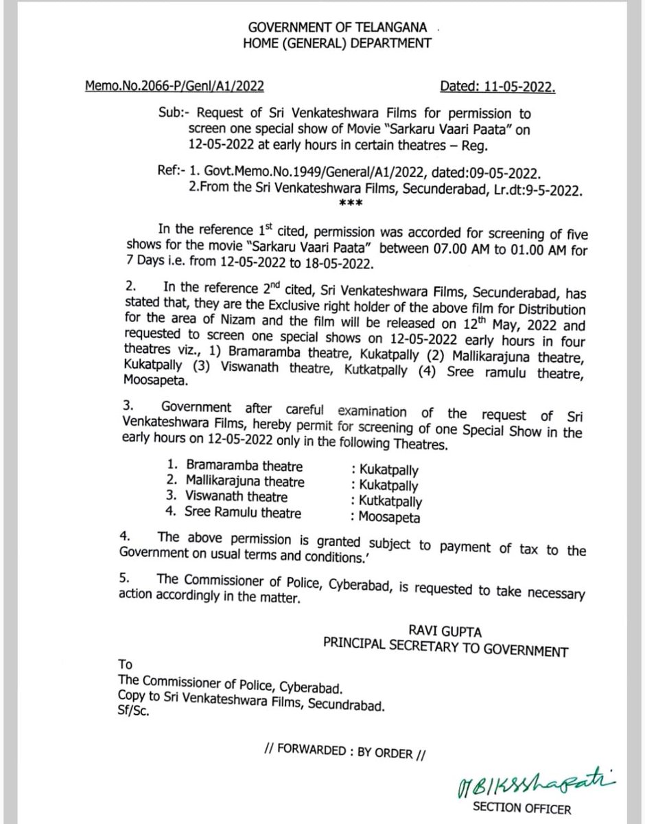 BB_Friday's tweet photo. Just In - Hyderabad Benefit shows permission granted for 4 theatres in KPHB area

#SarkaaruVaariPaata #SvP #SVPMania https://t.co/39NeqyFabx