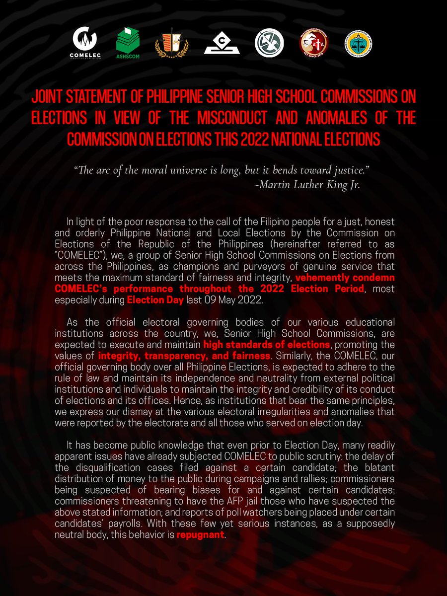 sbca_comelec's tweet photo. [JOINT STATEMENT OF PHILIPPINE SENIOR HIGH SCHOOL COMMISSIONS ON ELECTIONS IN VIEW OF THE MISCONDUCT AND ANOMALIES OF THE COMMISSION ON ELECTIONS THIS 2022 NATIONAL ELECTIONS]

To read the full statement, access this document: https://t.co/UkTNsgEq5Z https://t.co/7hxMEUZgAa