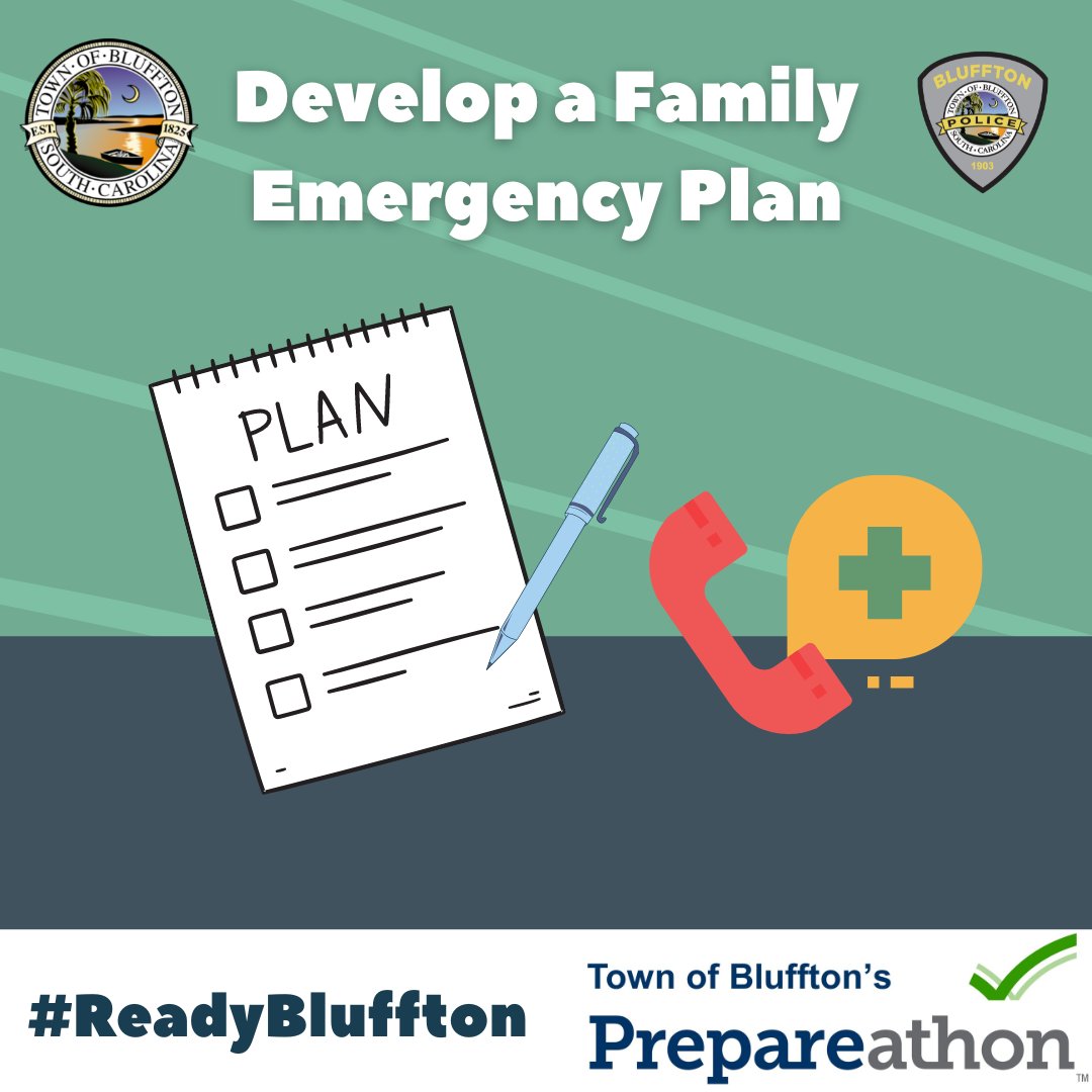 BlufftonPolice's tweet photo. *Daily Preparathon #ReadyBluffton Activity -- Develop a Family Emergency Plan*

Develop a plan so each member of your family-of-origin or family-of-choice knows how to reach each other if separated.

To learn more visit: https://t.co/7YD3v8MVF6
#ReadyBluffton https://t.co/wlzNCeMKba