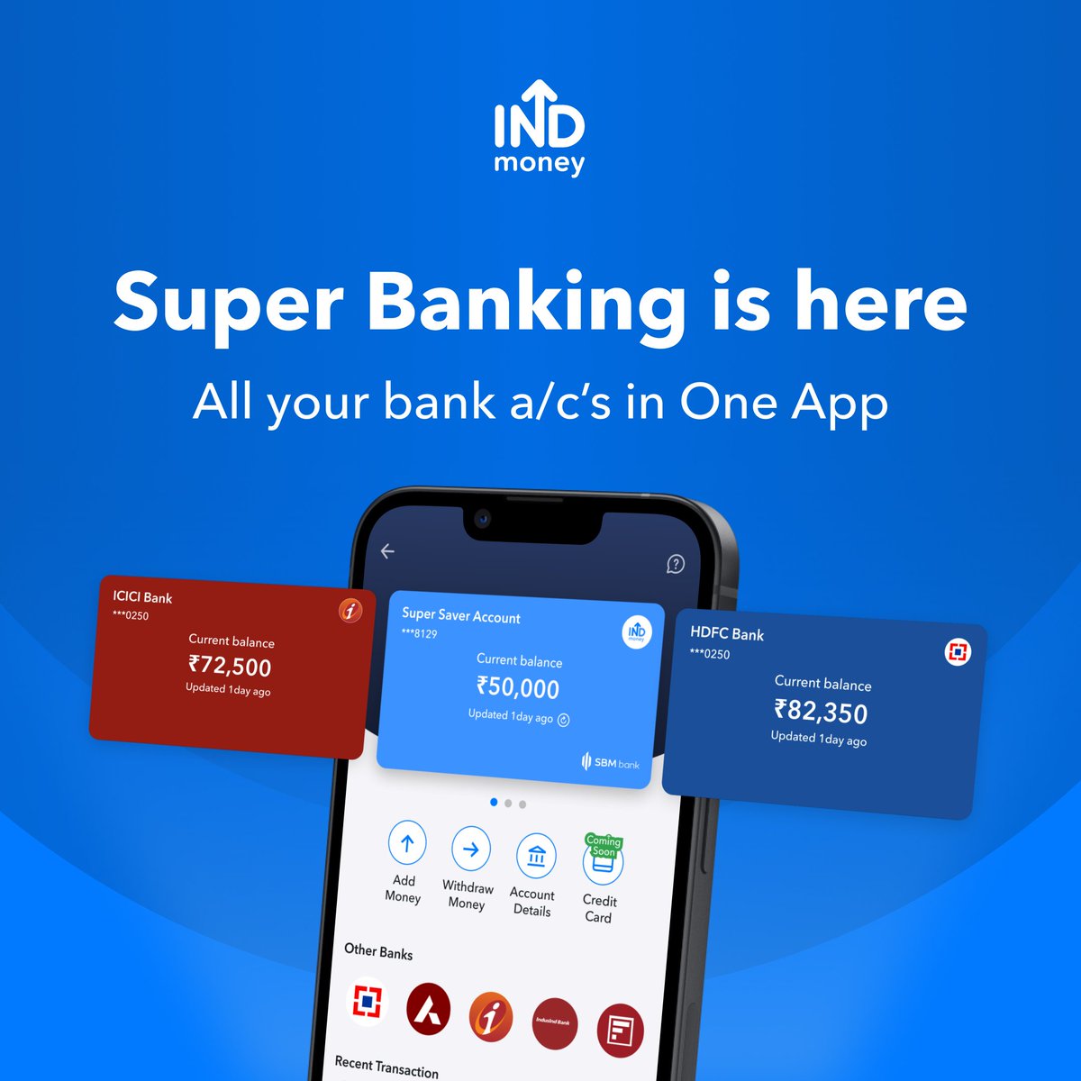 INDmoneyApp's tweet photo. Banking made easy!! #Superbanking is LIVE on #INDmoney
Now track all your savings account in one app. (Powered by SBM)
Track Bank accounts of Banks like:
#HDFCBank
#ICICIBank
#AxisBank
#INDUSINDBK
#IDFCFIRSTBank
and many others going live soon.
#ThatsLifeWithINDmoney https://t.co/W7nIaowQOo