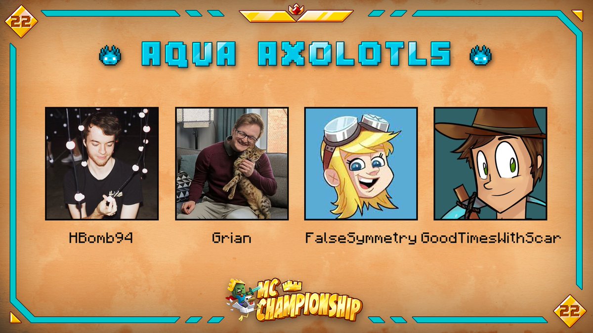 MCChampionship_'s tweet photo. 👑Announcing Team Aqua Axolotls👑

@HBomb94 @GrianMC @falsesymmetry @GTWScar

Watch them in MCC on Saturday May 28th at 8pm BST! https://t.co/ECFxBVyJX6