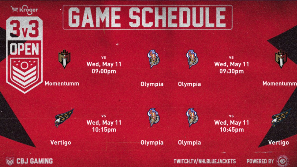 GAMEDAY🏒🎮

Back on the ice TONIGHT in the $2,500 3v3 <a href="/CBJgaming/">CBJ Gaming</a> event as we are playing <a href="/NHLMomentumm/">Momentum</a> &amp; Vertigo

We are currently in 1st place with a perfect 8-0-0 record📈

<a href="/leaguegaming/">Leaguegaming</a> I <a href="/kroger/">Kroger</a>