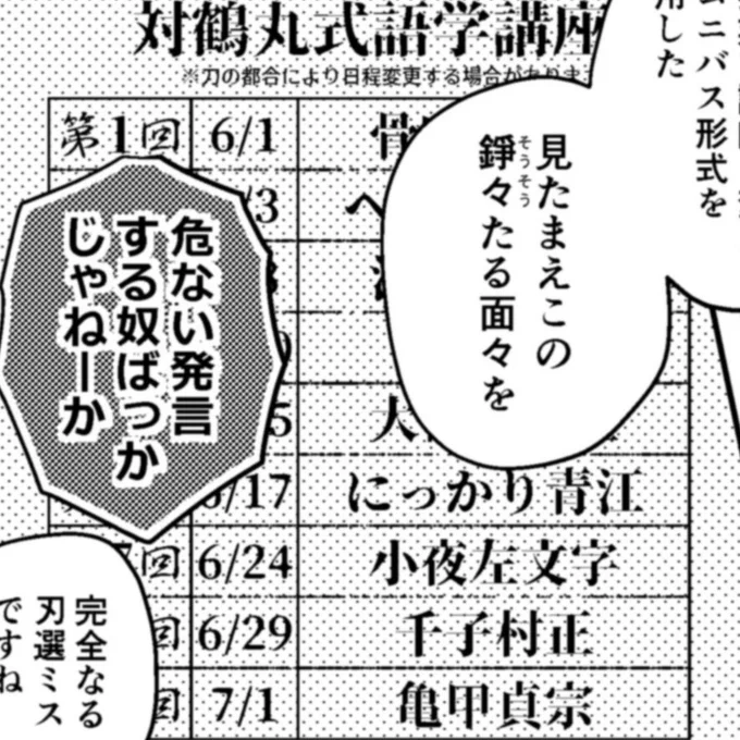 第1回 骨喰藤四郎
第2回 へし切り長谷部
第3回 江雪左文字
第4回 鶯丸
第5回 大倶利伽羅

です。 