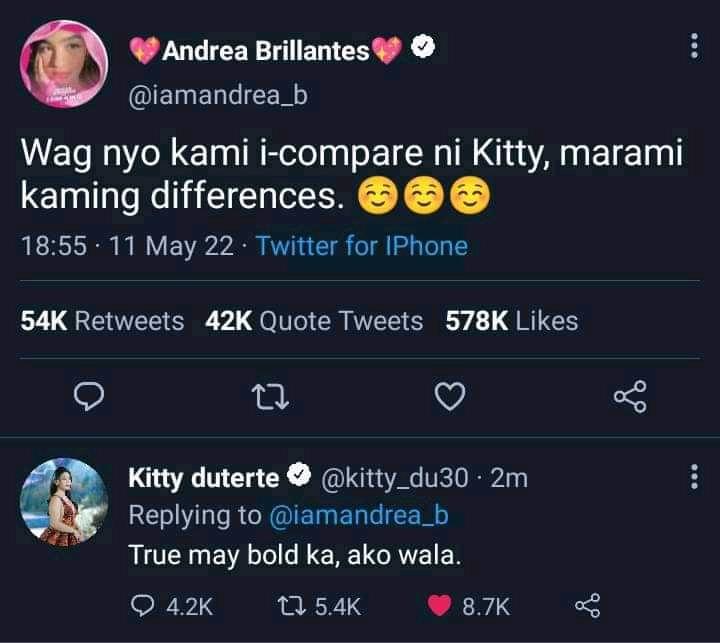 lexbaculta's tweet photo. To those people who wasn’t aware, kitty duterte has no twitter account and this is clearly edited andrea B twitter acc isn’t verified yet. Stop spreading.

If this is just for fun, like what other sayin’. No, this is not funny y’all disgusting. https://t.co/wdw2Ns58ph