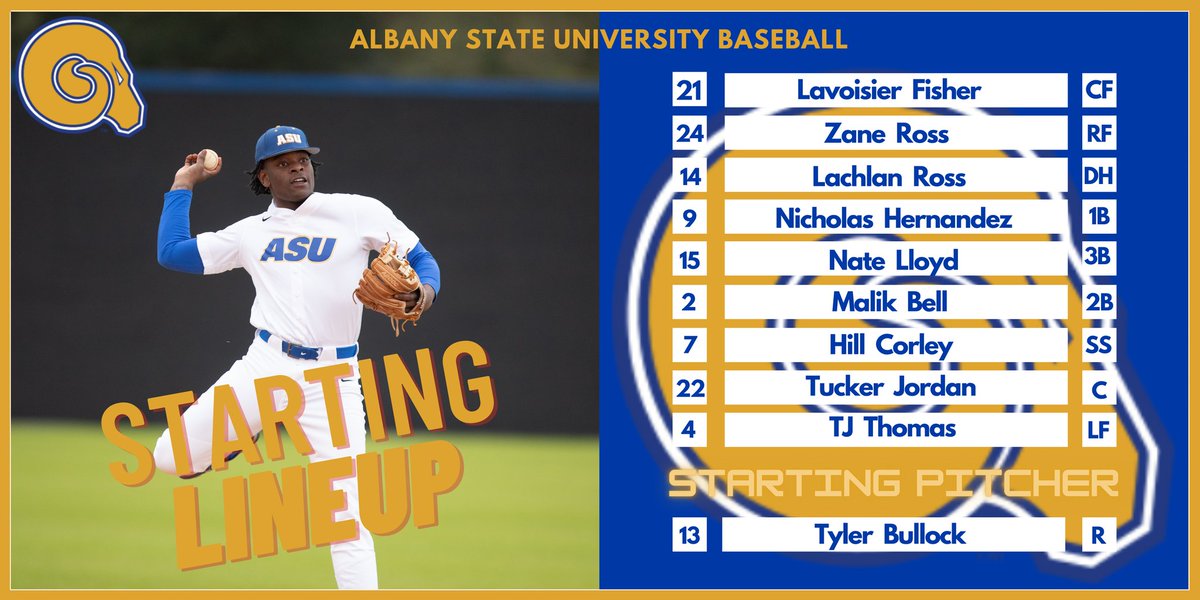 ASUGoldenRamsBS's tweet photo. Here we go! Here is your starting lineup for game 1 of the @hbcuworldseries against Kentucky State University. 
@ASUGoldenRams 
@AlbanyStateUniv 
@HbcuNines https://t.co/yppSZAK820