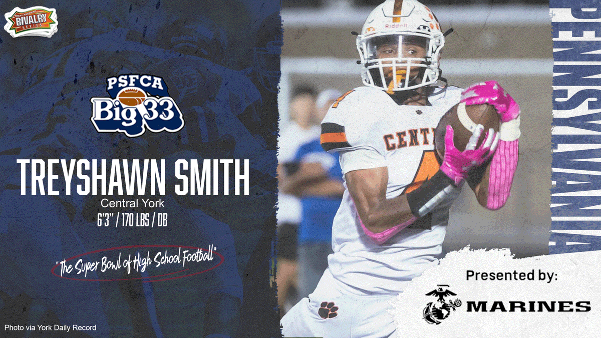 Congratulations to Central York defensive back Treyshawn Smith on his selection to the Big 33 Football Classic. 

Help Treyshawn earn $1,000 for his school by naming him Team Pennsylvania 'Fan Favorite'

🗳️ bit.ly/Big33_voting