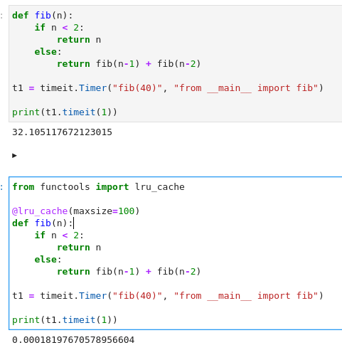 lais_bsc's tweet photo. TIL; the `lru_cache()` python decorator that reduced a Fibonacci function execution from 32s to 0.18 ms.

I think I'm in love <3 https://t.co/Yh34Ym1XJX