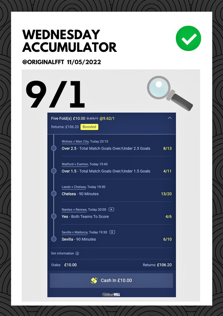 BetModule's tweet photo. 📝 Wednesday Accumulator 

Load bet: https://t.co/sayxXkzqvr

🕛 19.30
💷 £10 Pays £106

🆓️ Join William Hill and get £30 free when you place £10 on it.

Claim here: https://t.co/i5xCfkOato

18+, Gamble Responsibly. https://t.co/VTADuAtNT5