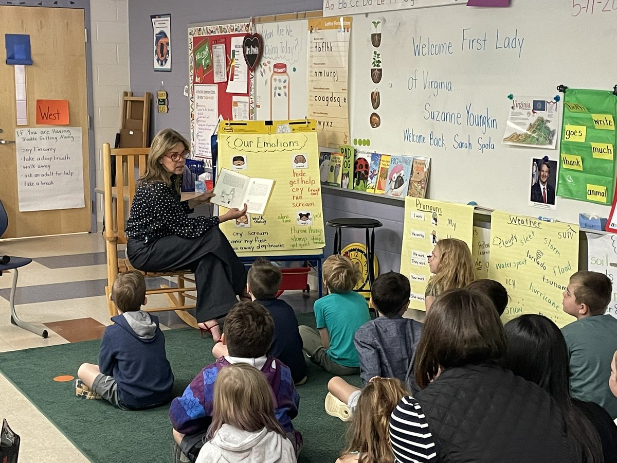 So glad to share the amazing students in the class of  <a href="/Melindateach1st/">Melinda Brooks</a> and @cardboardteach with the 1st Lady of Virginia, Suzanne Youngkin - as she shared a very special book, The Happy Window, with the children.