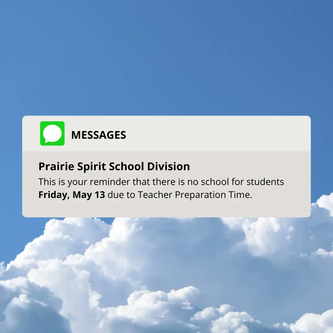 No school for students on Friday, May 13 for Teacher Preparation Time. 

The Division's school year calendar is posted on our website: buff.ly/3gqGL1