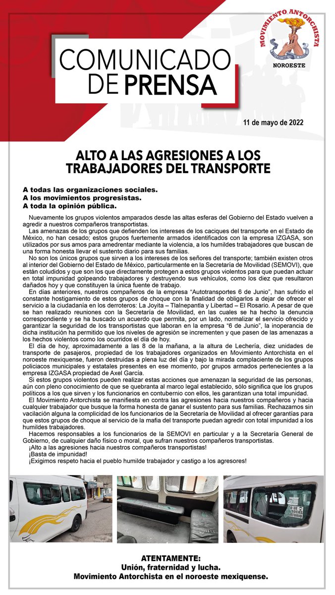 AntorchaNoro's tweet image. #ComunicadoDePernsa ALTO A LAS AGRESIONES A LOS TRABAJADORES DEL TRANSPORTE 

Nuevamente los grupos violentos amparados desde las altas esferas del @Edomex vuelven a agredir a nuestros compañeros transportistas.

ATENTAMENTE:
@AntorchaNoro

Texto completo: facebook.com/10006353157259…