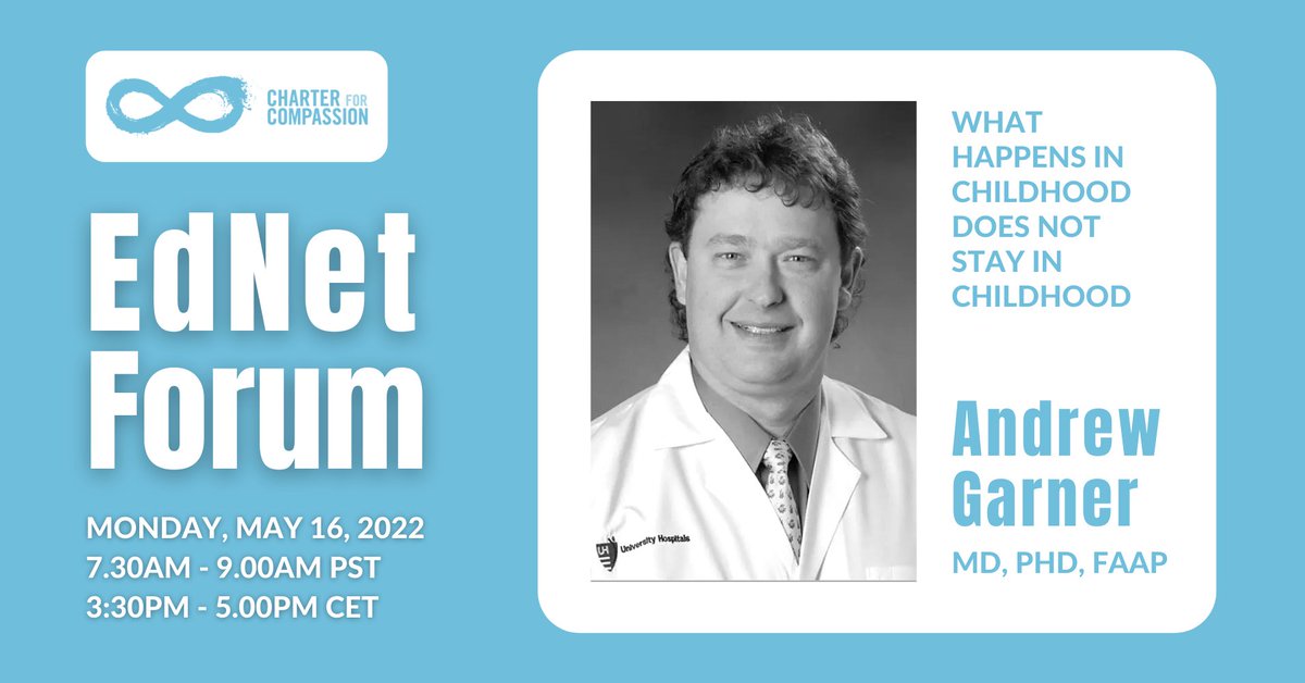 TheCharter's tweet photo. We welcome Dr. Andrew Garner, MD, PHD, FAAP to our EdNet Forum series.
⭐ Monday. May 16 - 7.30 am PDT/3.30 pm CET
⭐ Info & Registration: https://t.co/L6hU5cgHQl
♾
#compassion #kindness #mindfulness #AdverseChildhoodExperiences #ACEstudy #Childhood #ChildhoodTrauma #Health https://t.co/WgxT9IB0Ni