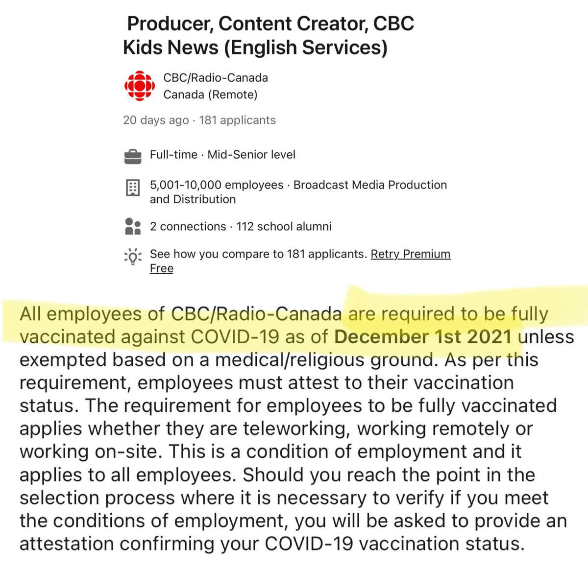 thevivafrei's tweet photo. State-funded @CBC imposing discriminatory restrictions based on medical status in their hiring practices. Canadian taxpayers are literally paying to be discriminated against. And an interesting way to limit ideological perspectives in their “journalism”. #DefundTheCBC https://t.co/htkgITR5GI