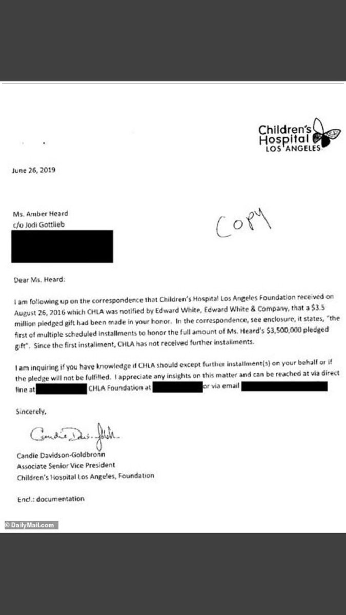 roaringrapids22's tweet photo. Ms. Heard claimed she donated $3.5M to CHLA; she used ill/dying children as a PR ploy & donated $0. Meanwhile Mr. Depp's spent 37 years actually donating to Children's charities/hospitals, visiting Children's hospitals & providing wishes to Make-A-Wish recipients. https://t.co/ZkWRLKfMtd