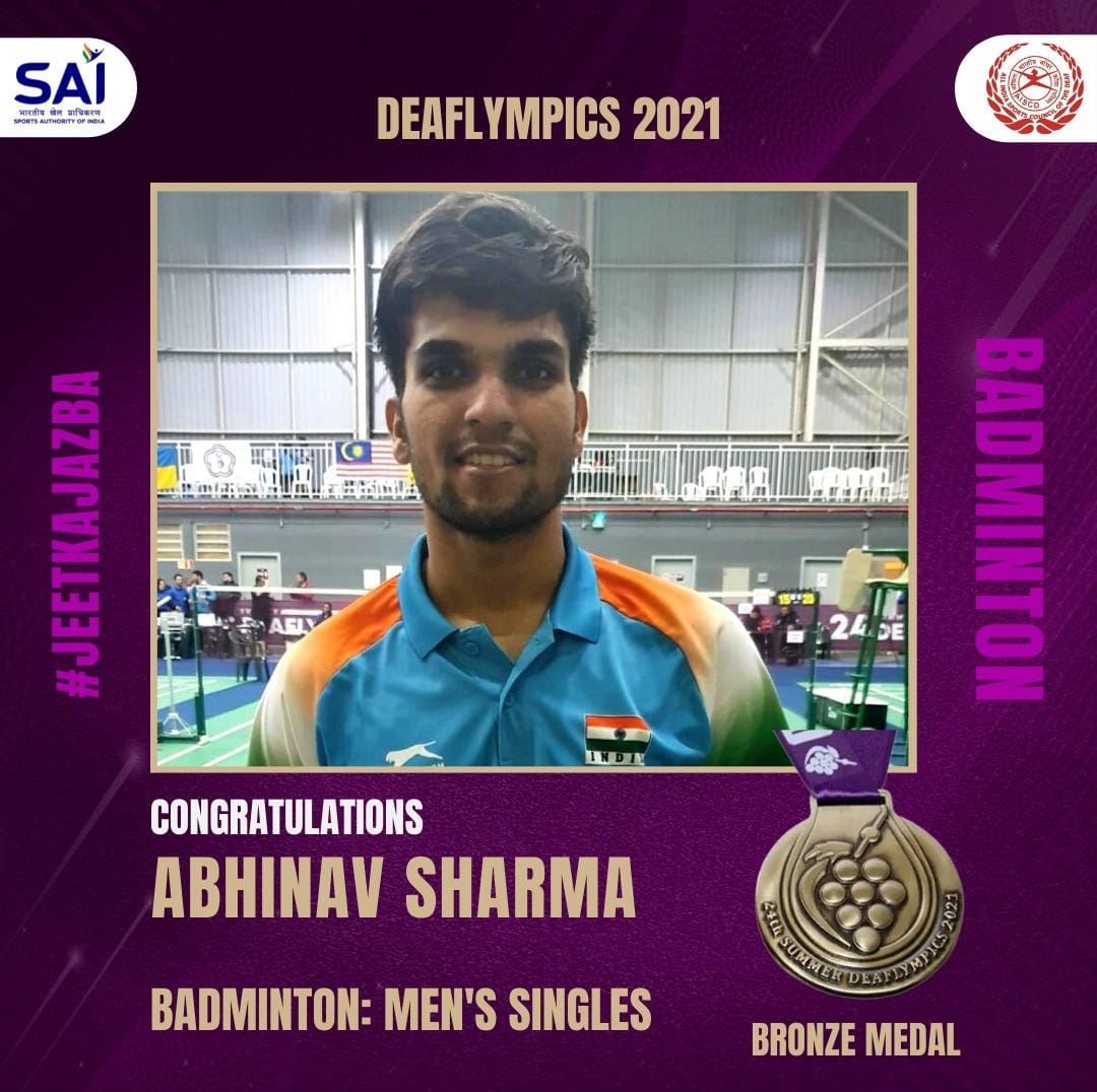 Media_SAI's tweet photo. 8⃣th Medal for 🇮🇳 at Brazil #Deaflympics2021 🥳🥳

An absolutely brilliant performance by #AbhinavSharma 🏸 to win BRONZE 🥉after defeating Lithuania's I. Reznikas (21-16, 21-6) in the MS bronze medal match 😁

Heartiest congratulations CHAMP 👏
Keep it up 👍👍
#JeetKaJazba https://t.co/w48pJ5MNVd
