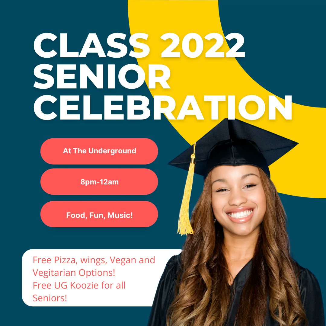TheUGWooster's tweet photo. Class of 2022 this is your last chance to hang out at the UG! We will have wings, pizza, vegan and vegitarian options! Seniors will get a UG Koozie! So come hang out, dance, and eat! Friday 5/13 8pm-12am at the Underground.

Cow card and ID for entry. https://t.co/Q3DeoA6ZTd