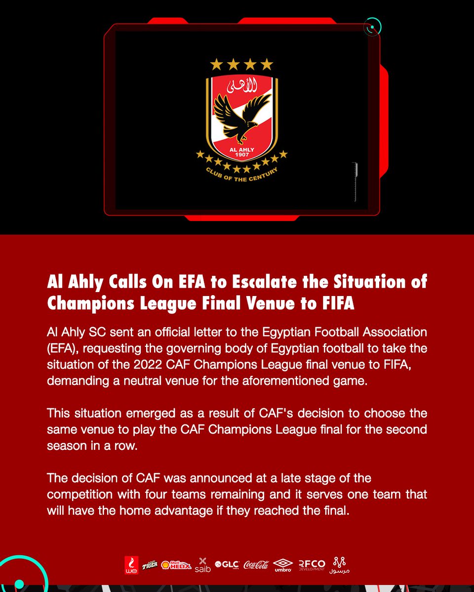 AlAhlyEnglish's tweet photo. 🚨| Al Ahly calls on @EFA to escalate the situation of CAF champions league final venue to FIFA. https://t.co/K5xt7fjYiC