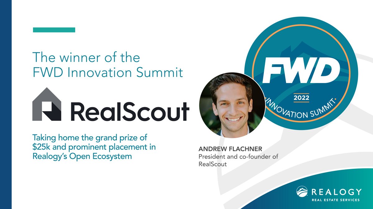 Congratulations to <a href="/RealScout/">RealScout</a>, the winner of our 2022 FWD Innovation Summit! We're thrilled to continue providing our agents with the best #technology the market has to offer by integrating their solutions into our #openecosystem. #WeAreRealogy ow.ly/br3T50J5Ak5