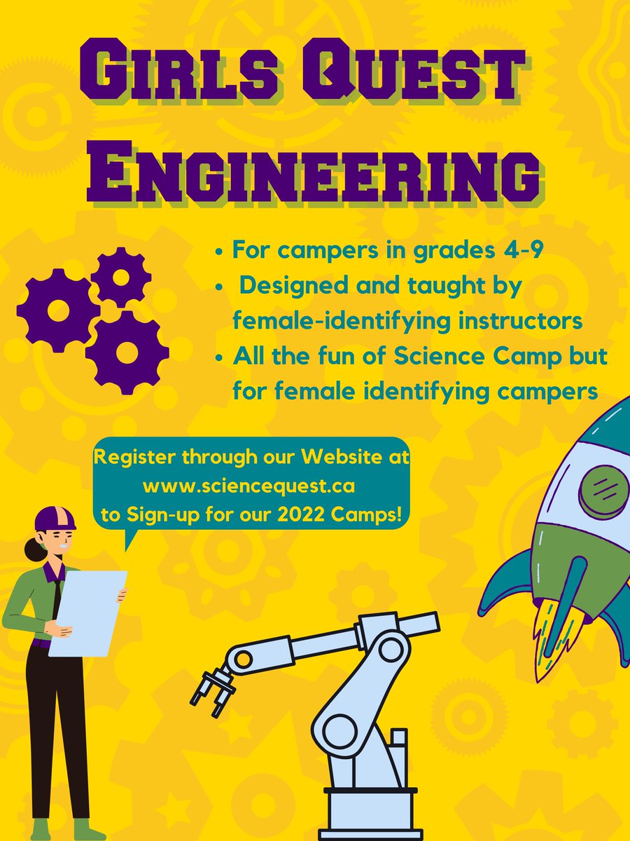 ScienceQuestQ's tweet photo. Science Quest’s Girl’s Quest camp is perfect for female-identifying campers in grades 4-9! This camp is designed and taught by female identifying instructors with all the fun of science and engineering with a boost of empowerment. https://t.co/81FysgsdXq