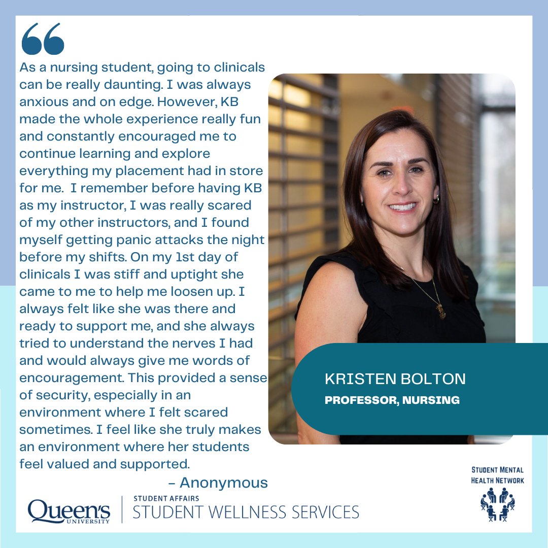 Champion for Mental Health, Kristen Bolton, Nursing. Thank you for all that you do to support student mental health and wellbeing. Click the link in the bio to hear what this Queen's community member has to say about student mental health. #studentmentalhealth #queensu