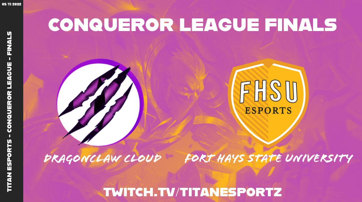 Tonight we have our Spring 2022 Conqueror League Finals ⚔️ best of 5 between @DragonClaw_Org Cloud and <a href="/FHSU_Esports/">FHSU Esports</a>

Summer 2022 signups 👀 Tune in to find out!

Time: 8PM ET
Casters: <a href="/JangoUltimus/">Jango Ultimus</a> | Rhyno Analysts: Goose | The Deep | GGF

twitch.tv/titanesportz