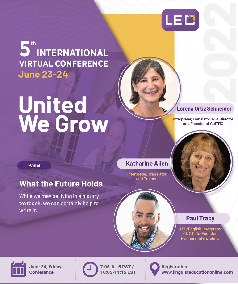 LingEduOnline's tweet photo. Are you joining us in June at #LEO5 to learn from the What the Future Holds panel by @sierraskyit, Paul Tracy and @futbollos? View the agenda, CEUs, and RSVP here: https://t.co/dxws2IiWxF #1nt #xl8 https://t.co/miCG7Jho3J