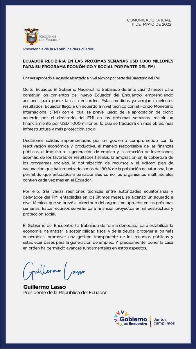 Presidencia_Ec's tweet photo. COMUNICADO OFICIAL | Ecuador recibirá en las próximas semanas USD 1.000 millones para su programa económico y social por parte del FMI. https://t.co/l9l95SYitF